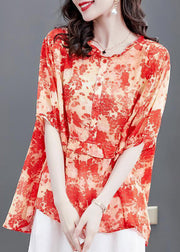 Plus Size Red Ruffled Print Patchwork Chiffon Tops Summer