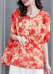 Plus Size Red Ruffled Print Patchwork Chiffon Tops Summer