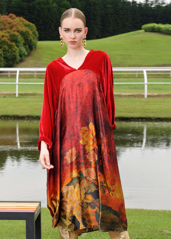 Plus Size Red Silk Velour Patchwor Print Long Dresses Long Sleeve