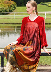 Plus Size Red Silk Velour Patchwor Print Long Dresses Long Sleeve