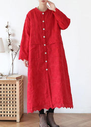 Plus Size Red Stand Button Fall Long Sleeve Coats - SooLinen