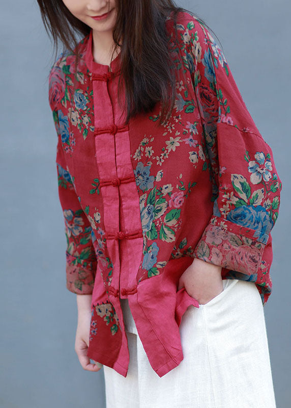 Plus Size Red Stand Collar Patchwork Print Linen Blouses Spring
