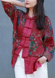 Plus Size Red Stand Collar Patchwork Print Linen Blouses Spring
