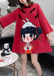 Plus Size Red Stand Collar Print Warm Fleece Mid Dress Fall
