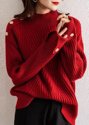 Plus Size Red Stand Collar Thick Patchwork Knit Pullover Fall