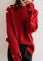Plus Size Red Stand Collar Thick Patchwork Knit Pullover Fall