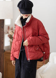 Plus Size Red Stand Collar Zip Up Drawstring Duck Down Down Jacket Winter