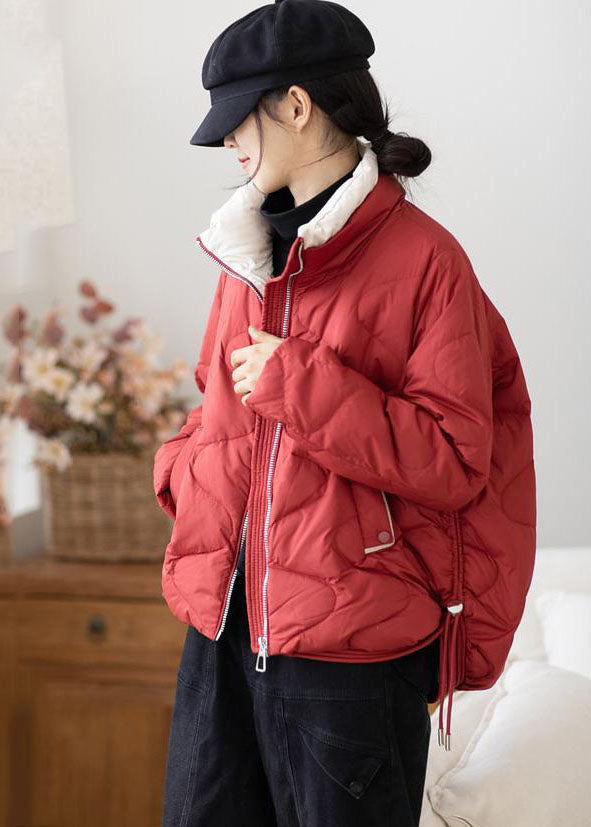 Plus Size Red Stand Collar Zip Up Drawstring Duck Down Down Jacket Winter