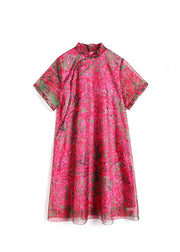 Plus Size Red Stand Collar print Silk Dress Short Sleeve