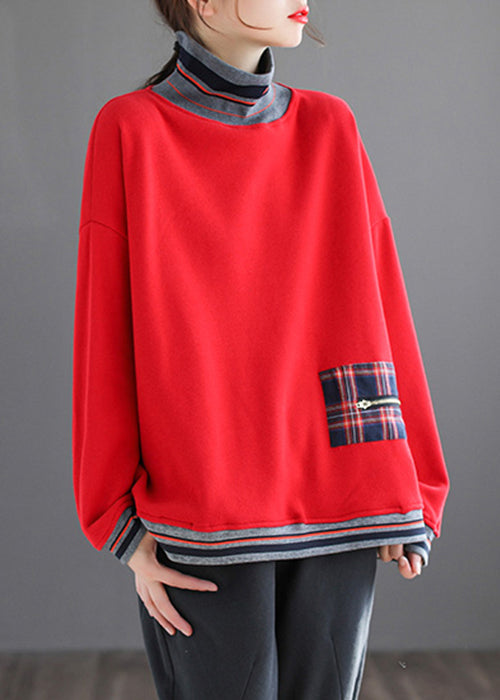 Plus Size Red Striped Patchwork Warm Fleece Tops Fall