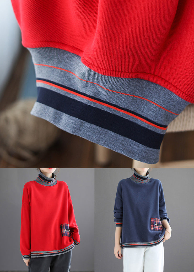 Plus Size Red Striped Patchwork Warm Fleece Tops Fall