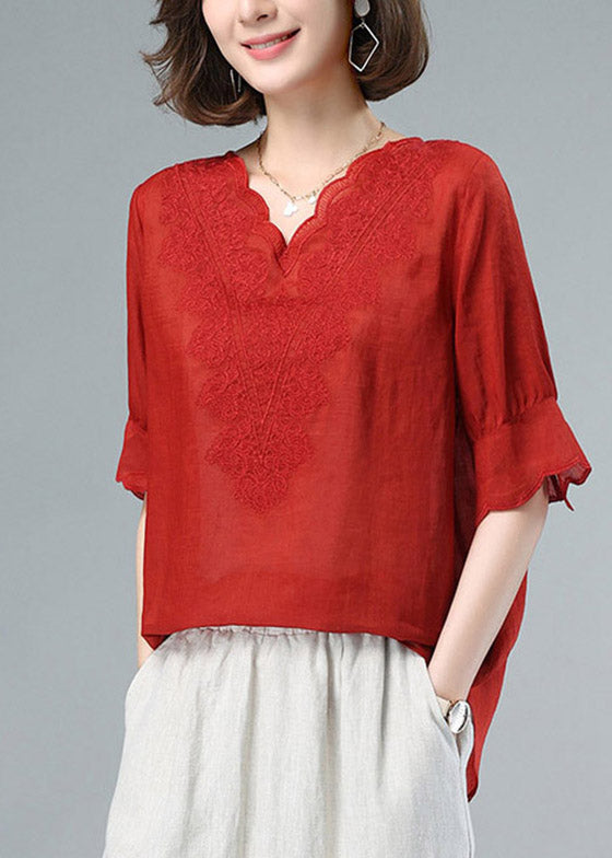 Plus Size Red V Neck Embroidered Patchwork Linen Tops Summer