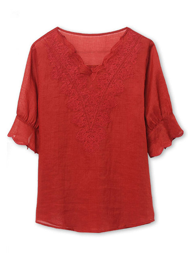 Plus Size Red V Neck Embroidered Patchwork Linen Tops Summer