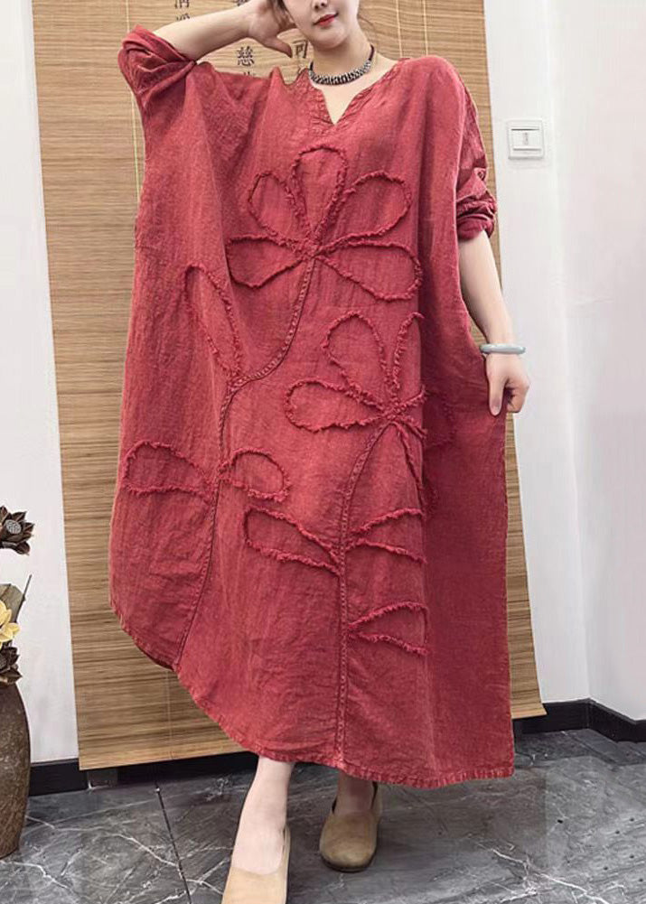 Plus Size Red V Neck Embroidery Patchwork Linen Dress Long Sleeve