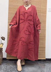 Plus Size Red V Neck Embroidery Patchwork Linen Dress Long Sleeve