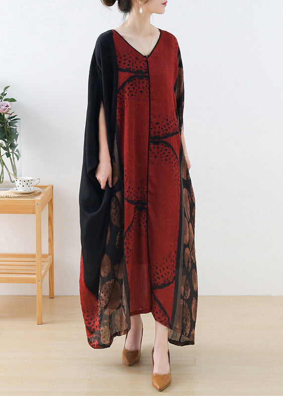 Plus Size Red V Neck Patchwork Silk Long Dress Batwing Sleeve