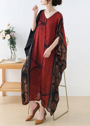 Plus Size Red V Neck Patchwork Silk Long Dress Batwing Sleeve