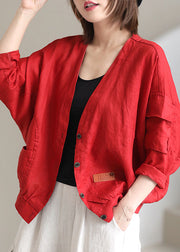 Plus Size Rot V-Ausschnitt Taschen Herbstmäntel Langarm