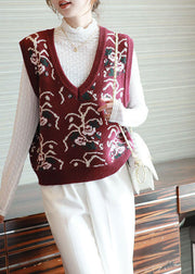 Plus Size Red V Neck Print Knit Vests Spring