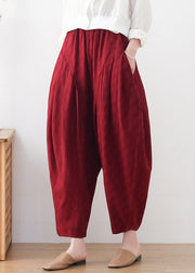 Plus Size Rot Gefaltete Drapierende Taschen Leinenhose Mit Weitem Bein Sommer