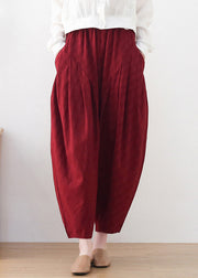 Plus Size Red Wrinkled Draping Pockets Linen Wide Leg Pants Summer