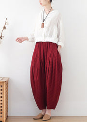 Plus Size Red Wrinkled Draping Pockets Linen Wide Leg Pants Summer