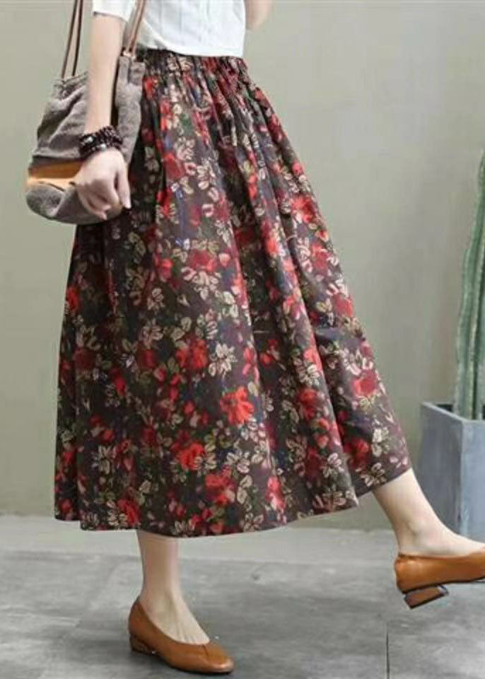 Plus Size Red elastic waist Print Cotton Skirts Spring