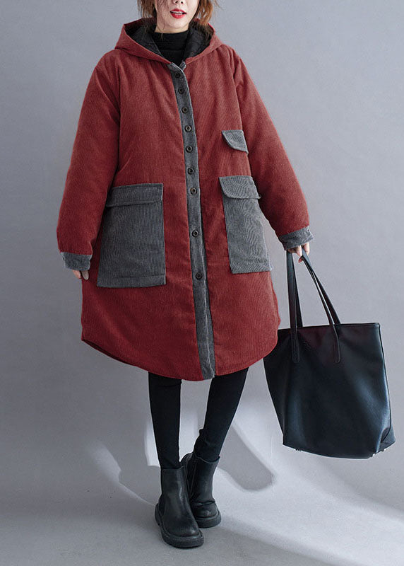 Plus Size Red hooded Button Corduroy Winter Cotton Long Coat sleeve