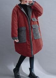 Plus Size Red hooded Button Corduroy Winter Cotton Long Coat sleeve