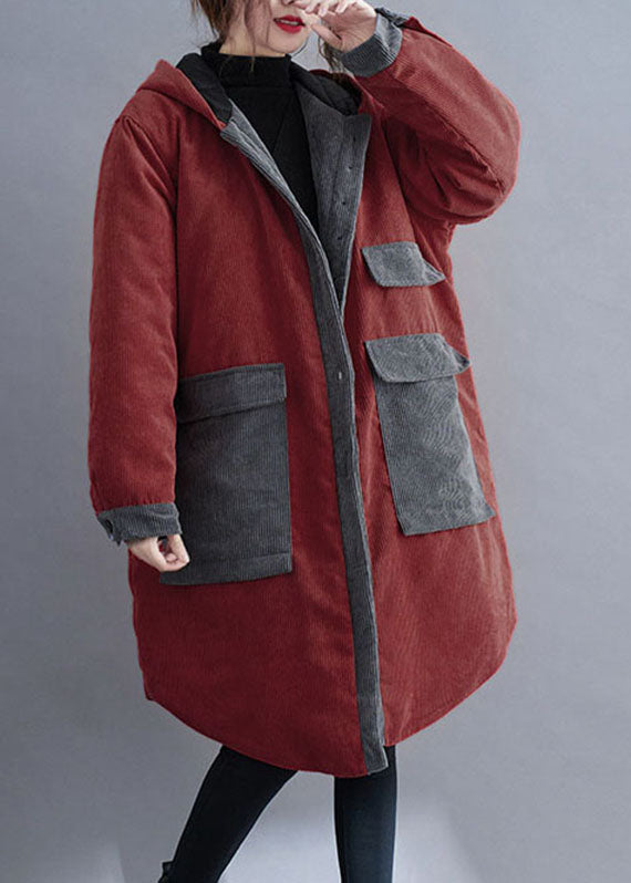 Plus Size Roter Kapuzenknopf Cord Winter Cotton Long Coat Sleeve