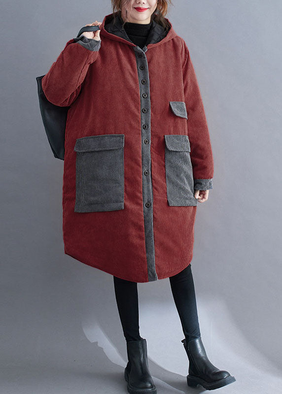 Plus Size Roter Kapuzenknopf Cord Winter Cotton Long Coat Sleeve