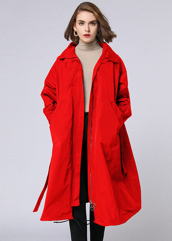 Plus Size Red zippered tie waist Pockets Fall Long Coat