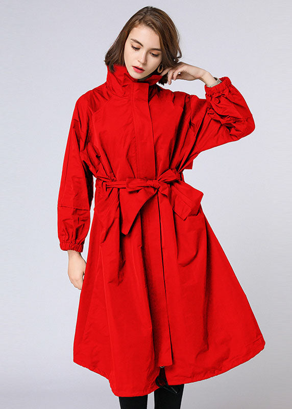 Plus Size Red zippered tie waist Pockets Fall Long Coat