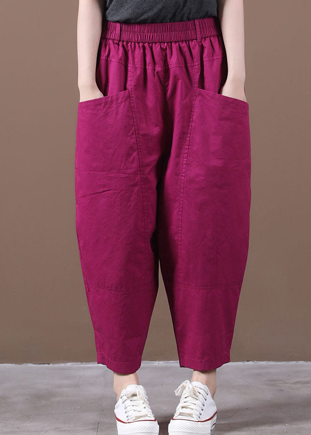 Plus Size Rose Elastic Waist Pockets Patchwork Solid Color Cotton Harem Pants Summer
