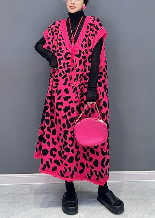 Plus Size Rose Leopard V Neck Cotton Knit Waistcoat Long Dresses Sleeveless
