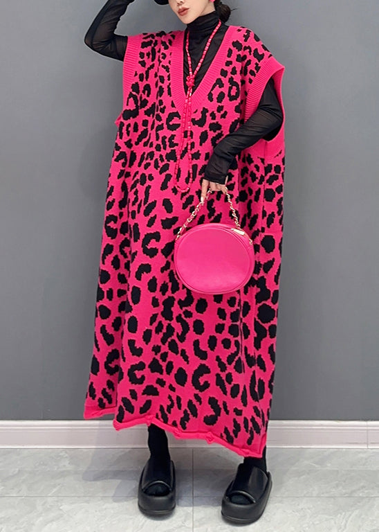 Plus Size Rose Leopard V Neck Cotton Knit Waistcoat Long Dresses Sleeveless