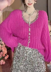 Plus Size Rose Nail Bead Patchwork Knit Sweaters Long Sleeve