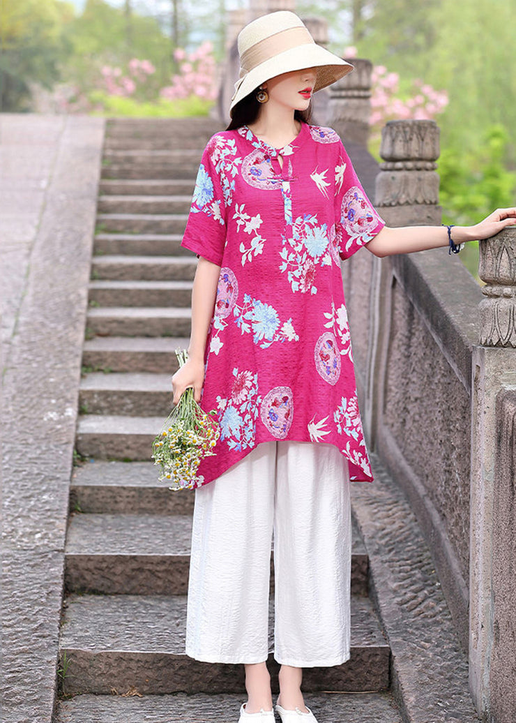 Plus Size Rose O-Neck Print Linen Two Piece Set Outfits Summer