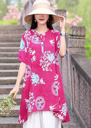 Plus Size Rose O-Neck Print Linen Two Piece Set Outfits Summer