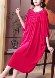 Plus Size Rose O Neck Wrinkled Patchwork Silk Velour Dress Batwing Sleeve