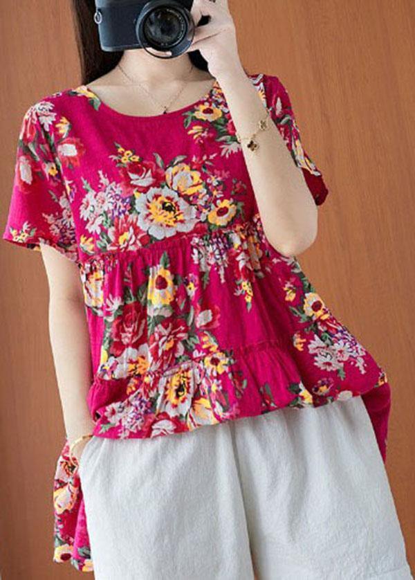 Plus Size Rose Print Cinched Cotton Linen Blouses Summer - SooLinen