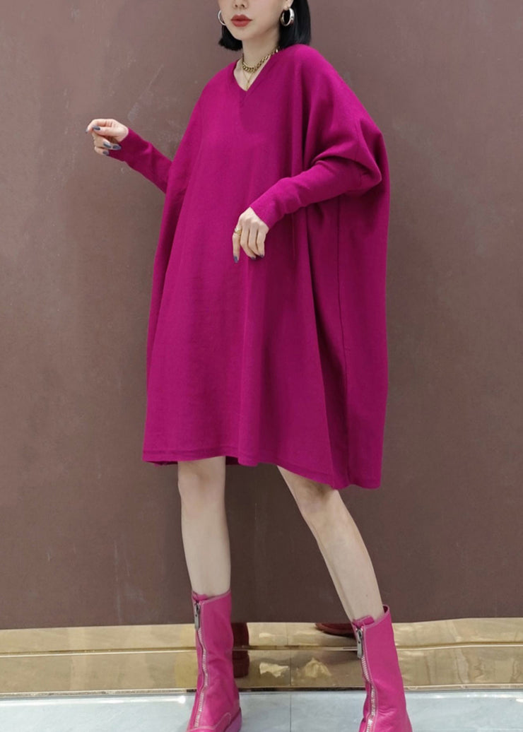 Plus Size Rose V Neck Patchwork Knit Mid Dresses Batwing Sleeve