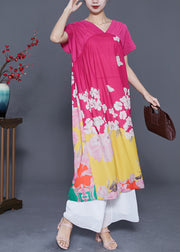 Plus Size Rose V Neck Patchwork Print Silk Beach Dress Summer