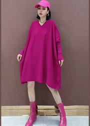 Plus Size Rose V Neck Solid Knit Dress Spring