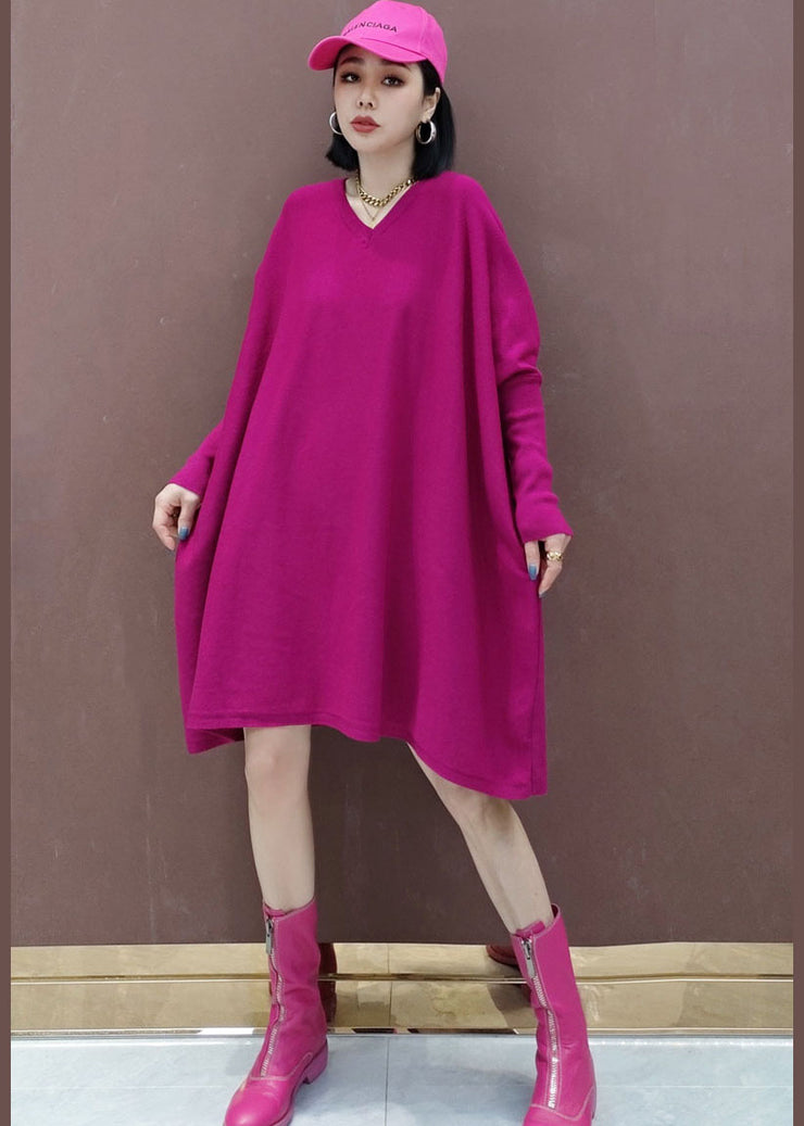 Plus Size Rose V Neck Solid Knit Dress Spring