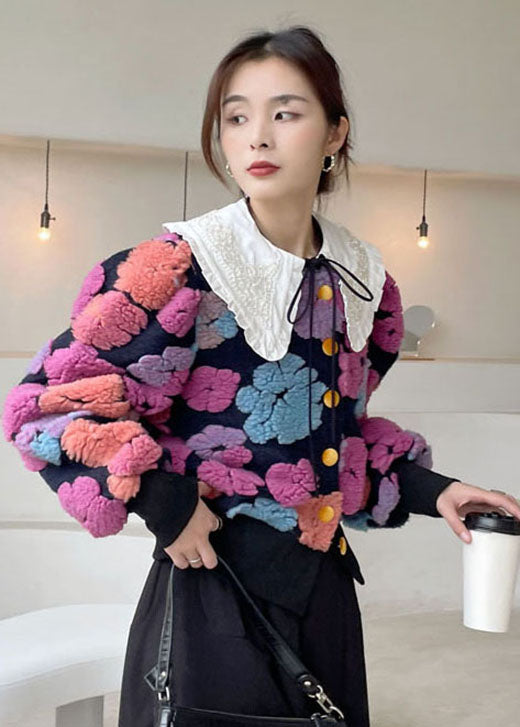 Plus Size Rose flower Button Floral Faux Fur Winter Coat