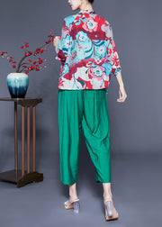 Plus Size Ruffled Collar Print Cotton Linen Two Piece Set Women Clothing Spring