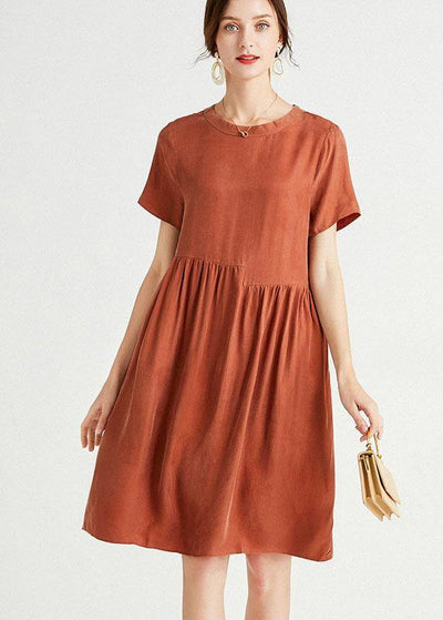 Plus Size Rust Red O-Neck Patchwork Summer Maxi Dresses Short Sleeve - SooLinen