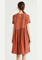 Plus Size Rust Red O-Neck Patchwork Summer Maxi Dresses Short Sleeve - SooLinen