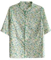 Plus Size Short Sleeve Green Print Cotton Blouses - SooLinen
